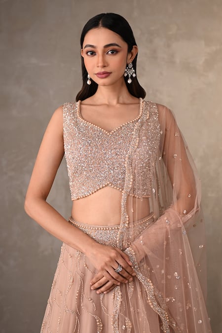 Shop_Onaya_Beige Net Sequins, Beads V-neck And Wavy Embroidered Lehenga Set _Online_at_Aza_Fashions
