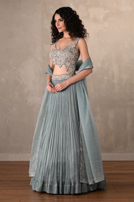 Buy_Onaya_Blue Satin, Chiffon Sequins, Beads, Pearls, Pleated Lehenga Blouse Set _Online_at_Aza_Fashions