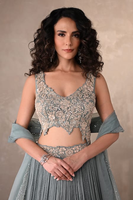 Shop_Onaya_Blue Satin, Chiffon Sequins, Beads, Pearls, Pleated Lehenga Blouse Set _Online_at_Aza_Fashions