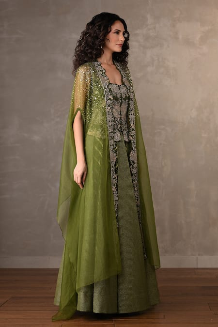 Onaya_Green Brocade Sequins, Embroidery, Stones Sweetheart Neck, Lehenga Set With Cape _Online_at_Aza_Fashions