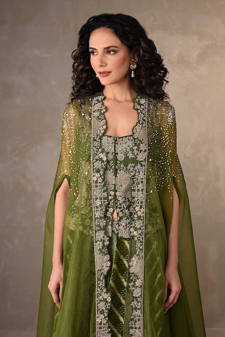 Shop_Onaya_Green Brocade Sequins, Embroidery, Stones Sweetheart Neck, Lehenga Set With Cape _Online_at_Aza_Fashions