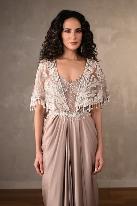 Buy_Onaya_Beige Satin Lace, Tassels V-neck Embroidered Cape And Draped Gown Set _Online_at_Aza_Fashions