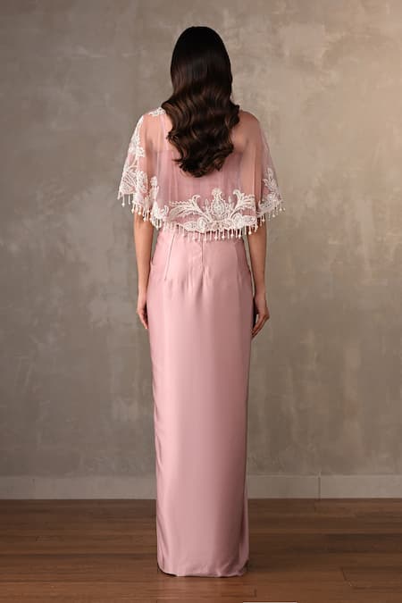 Onaya Embroidered Lace Cape & Draped Gown Set 
