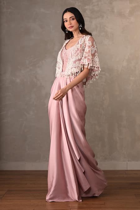Buy_Onaya_Pink Satin Embroidery, Lace, Tassels V-, Open Cape And Draped Gown Set _Online_at_Aza_Fashions