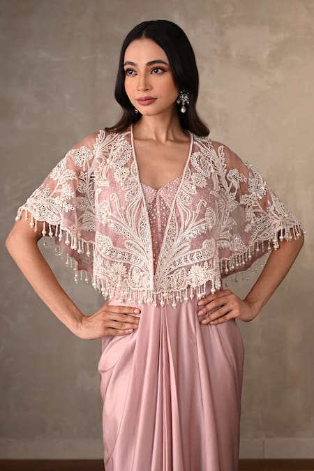 Shop_Onaya_Pink Satin Embroidery, Lace, Tassels V-, Open Cape And Draped Gown Set _Online_at_Aza_Fashions
