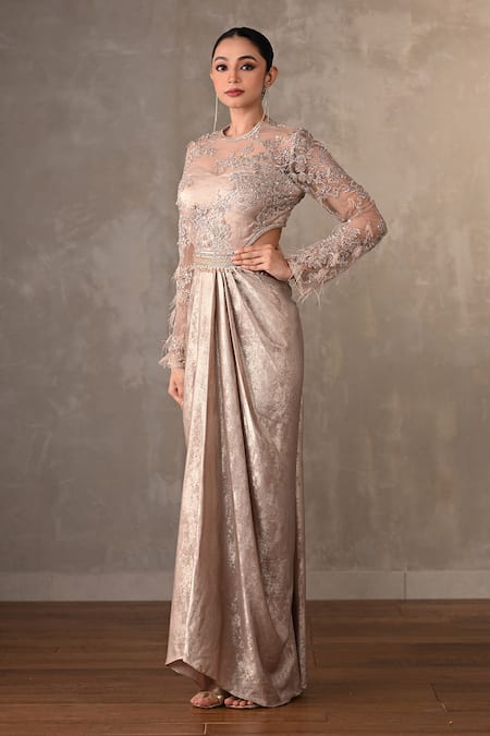 Onaya_Pink Sequins, Beads, Crystals, Feathers High , Round Embellished Gown _Online_at_Aza_Fashions