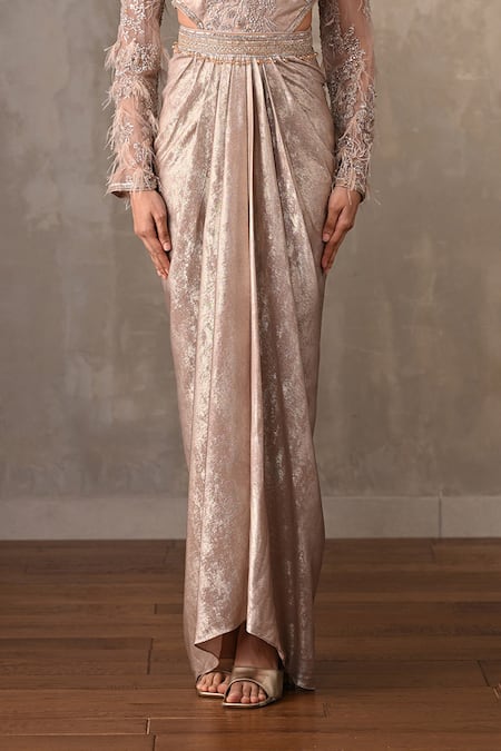Buy_Onaya_Pink Sequins, Beads, Crystals, Feathers High , Round Embellished Gown _Online_at_Aza_Fashions