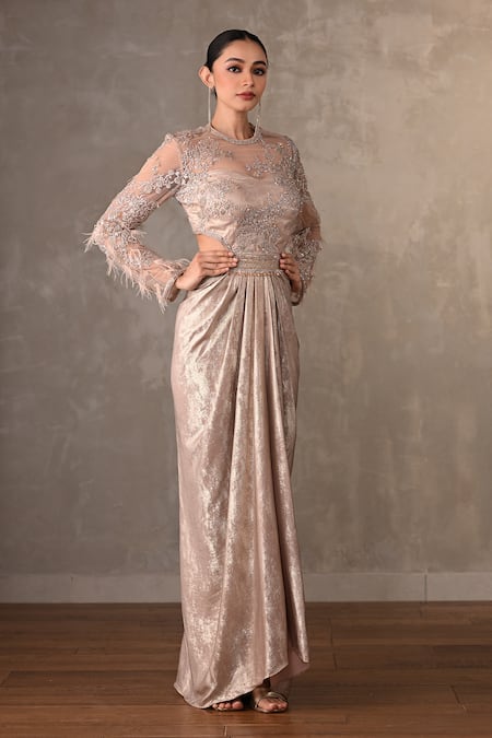 Shop_Onaya_Pink Sequins, Beads, Crystals, Feathers High , Round Embellished Gown _Online_at_Aza_Fashions