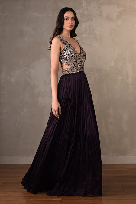 Onaya_Purple Satin, Chiffon Sequins, Mirrors, Metallic Thread, Zardosi Gown _Online_at_Aza_Fashions