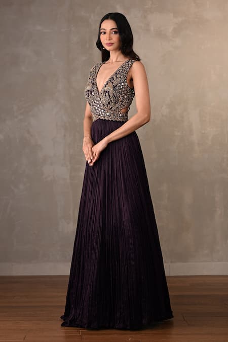 Buy_Onaya_Purple Satin, Chiffon Sequins, Mirrors, Metallic Thread, Zardosi Gown _Online_at_Aza_Fashions