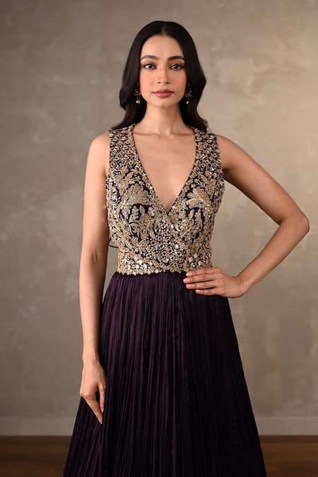 Shop_Onaya_Purple Satin, Chiffon Sequins, Mirrors, Metallic Thread, Zardosi Gown _Online_at_Aza_Fashions