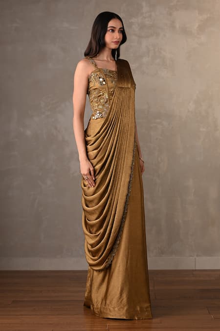 Onaya_Green Satin Sequins, Mirrors, Stones Sweetheart Neck Embellished Saree Gown  _Online_at_Aza_Fashions