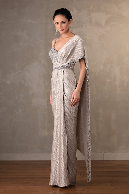 Onaya_Grey Satin Mirrors, Sequins Sweetheart Neck, One And Cheed Work Saree Gown _Online_at_Aza_Fashions