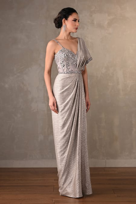 Buy_Onaya_Grey Satin Mirrors, Sequins Sweetheart Neck, One And Cheed Work Saree Gown _Online_at_Aza_Fashions