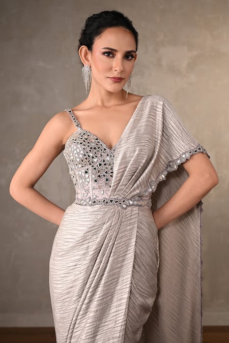 Shop_Onaya_Grey Satin Mirrors, Sequins Sweetheart Neck, One And Cheed Work Saree Gown _Online_at_Aza_Fashions