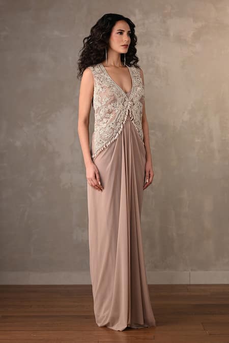 Onaya_Beige Lycra, Net Pearls, Mirrors, Sequins, Beads Embellished Jacket Gown Set _Online_at_Aza_Fashions