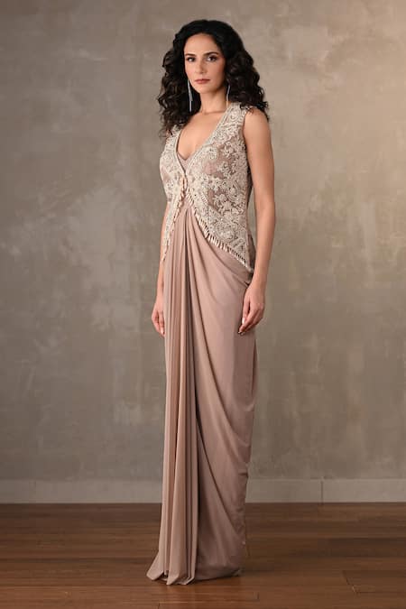 Buy_Onaya_Beige Lycra, Net Pearls, Mirrors, Sequins, Beads Embellished Jacket Gown Set _Online_at_Aza_Fashions