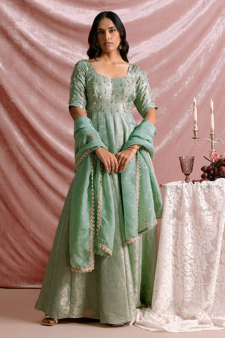 Parshya Tissue Hand Embroidered Anarkali With Dupatta 