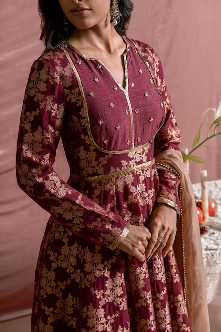 Parshya Fuchsia Brocade, Chiffon, Silk Embroidery, Floral Woven Anarkali Palazzo Set Online at Aza Fashions Parshya_Fuchsia Brocade, Chiffon, Silk Embroidery, Floral Woven Anarkali Palazzo Set _Online_at_Aza_Fashions