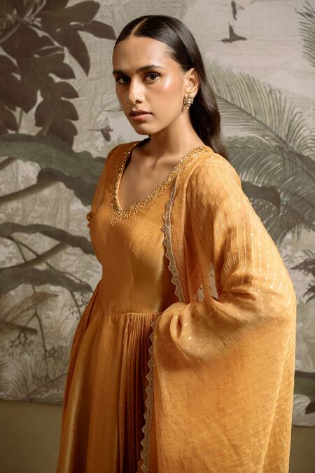 Parshya_Yellow Brocade, Chiffon Sequins, Foil Printing Aztec Embroidered Anarkali Set _Online_at_Aza_Fashions