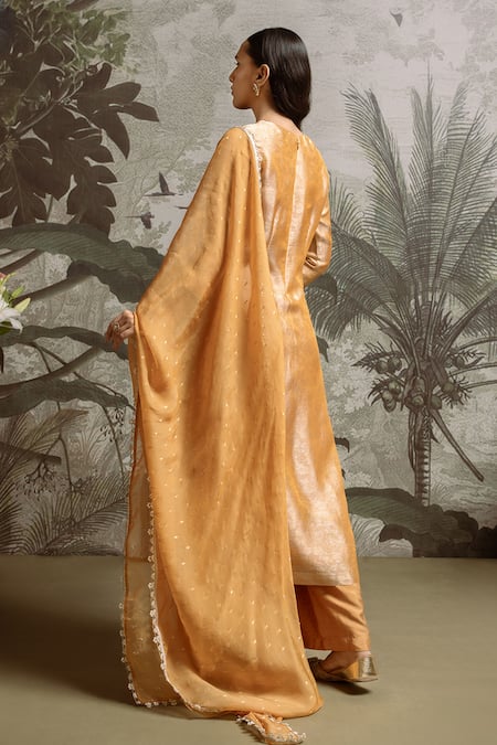 Buy_Parshya_Yellow Brocade, Chiffon Sequins, Foil Printing Aztec Embroidered Anarkali Set _Online_at_Aza_Fashions