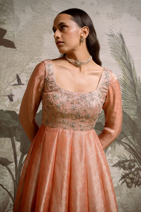 Buy_Parshya_Peach Brocade, Chiffon, Silk Embroidery Square Embellished Anarkali Palazzo Set _Online_at_Aza_Fashions