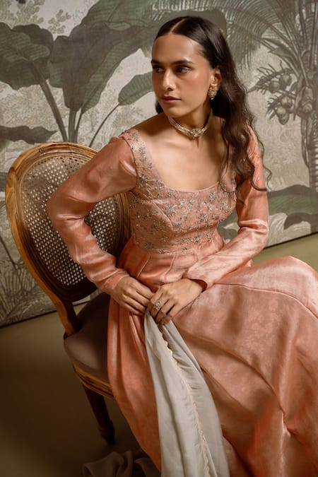 Shop_Parshya_Peach Brocade, Chiffon, Silk Embroidery Square Embellished Anarkali Palazzo Set _Online_at_Aza_Fashions