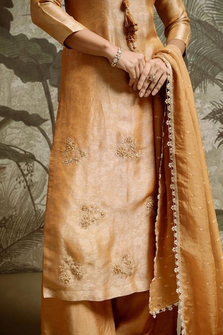 Parshya_Yellow Brocade, Organza Embroidery, Tassels, Sequins, Lace Round Neck Kurta Set _Online_at_Aza_Fashions