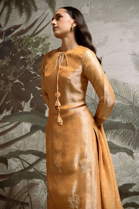 Buy_Parshya_Yellow Brocade, Organza Embroidery, Tassels, Sequins, Lace Round Neck Kurta Set _Online_at_Aza_Fashions