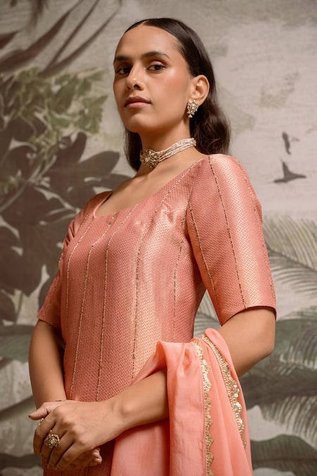 Parshya_Peach Tissue, Silk, Chiffon Embroidery, Metallic Thread, Banarasi Kurta Set _Online_at_Aza_Fashions