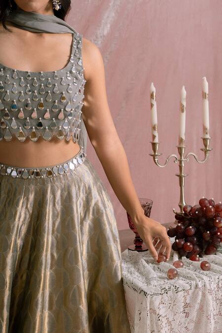 Buy Parshya Grey Brocade, Silk, Chiffon Mirrors, Embroidery, Droplet Boxy Blouse Lehenga Set Online at Aza Fashions Buy_Parshya_Grey Brocade, Silk, Chiffon Mirrors, Embroidery, Droplet Boxy Blouse Lehenga Set _Online_at_Aza_Fashions