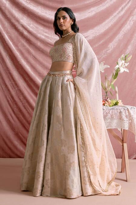 Parshya_Ivory Chiffon Zari, Embroidery, Sequins, Banarasi Floral Woven Lehenga Set _Online_at_Aza_Fashions