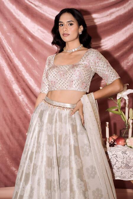 Parshya_Ivory Chiffon Zari, Embroidery, Sequins, Banarasi Floral Woven Lehenga Set _at_Aza_Fashions