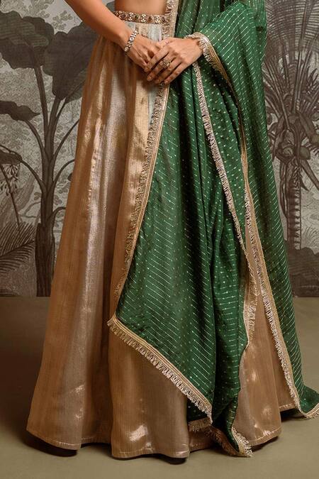 Shop_Parshya_Gold Silk, Chiffon Stones, Embroidery, Sequins, Fringe V-neck Hand Lehenga Set _Online_at_Aza_Fashions