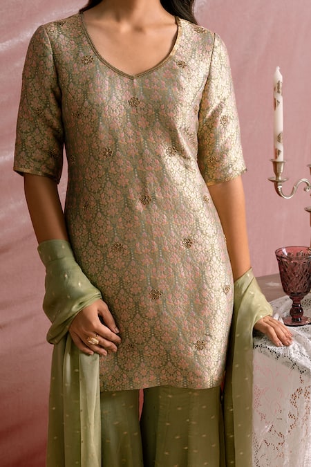 Parshya Olive Green Organza, Chiffon Embroidery, Banarasi Woven Kurta Sharara Set Online at Aza Fashions Parshya_Olive Green Organza, Chiffon Embroidery, Banarasi Woven Kurta Sharara Set _Online_at_Aza_Fashions