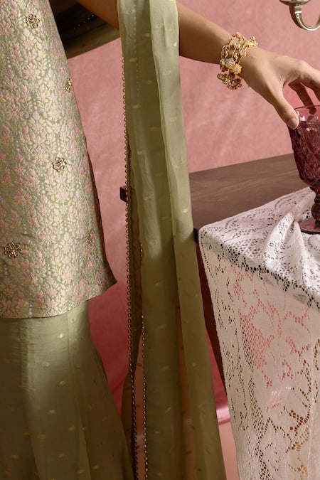 Buy Parshya Olive Green Organza, Chiffon Embroidery, Banarasi Woven Kurta Sharara Set Online at Aza Fashions Buy_Parshya_Olive Green Organza, Chiffon Embroidery, Banarasi Woven Kurta Sharara Set _Online_at_Aza_Fashions