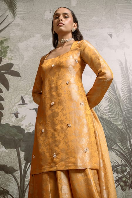 Parshya_Yellow Chiffon Pearls Square Neck Embellished Kurta Sharara Set _Online_at_Aza_Fashions