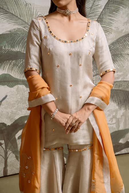Parshya Ivory Chiffon Mirrors, Embroidery, Patchwork Round Banarasi Kurta Sharara Set Online at Aza Fashions Parshya_Ivory Chiffon Mirrors, Embroidery, Patchwork Round Banarasi Kurta Sharara Set _Online_at_Aza_Fashions