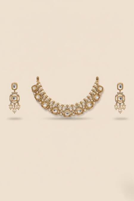 The Bling Girll_Gold Plated Pearls, Stones Polki Embellished Choker Set _Online_at_Aza_Fashions