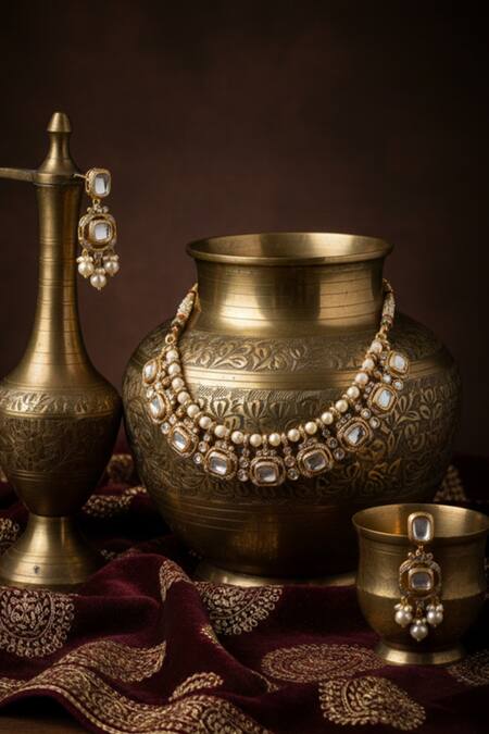 Buy_The Bling Girll_Gold Plated Pearls, Stones Polki Embellished Choker Set _Online_at_Aza_Fashions