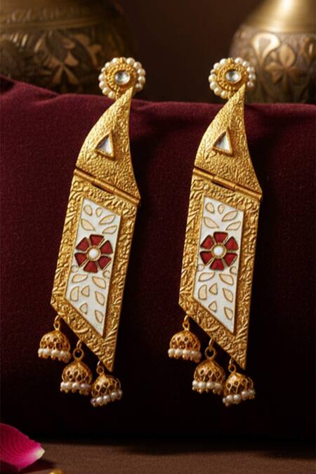 The Bling Girll_Gold Plated Pearls, Stones Geometric Floral Enameled Jhumka Earrings _Online_at_Aza_Fashions