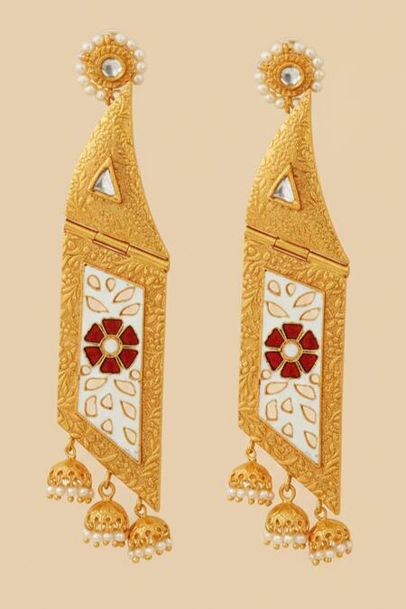 Buy_The Bling Girll_Gold Plated Pearls, Stones Geometric Floral Enameled Jhumka Earrings _Online_at_Aza_Fashions