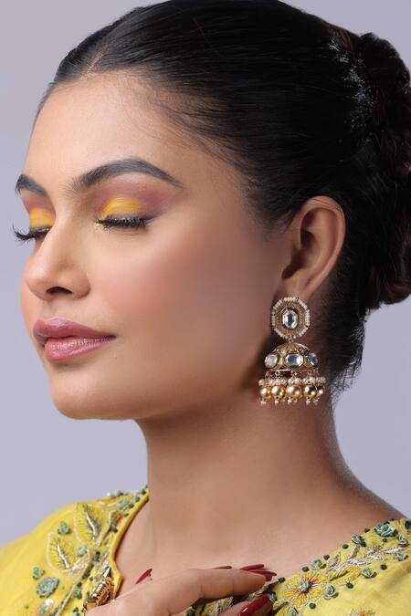 Shop_The Bling Girll_Gold Plated Stones, Pearls Embellished Jhumkas _Online_at_Aza_Fashions