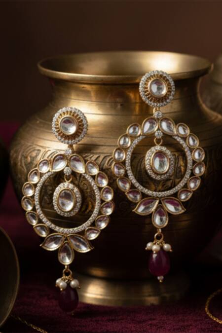 The Bling Girll_Gold Plated Pearls, Gemstones, Kundan Embellished Drop Earrings _Online_at_Aza_Fashions