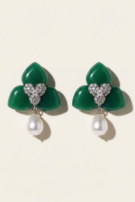 The Bling Girll_Green Crystals, Pearls Stone Studded Drop Earrings _Online_at_Aza_Fashions