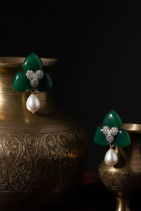 Buy_The Bling Girll_Green Crystals, Pearls Stone Studded Drop Earrings _Online_at_Aza_Fashions
