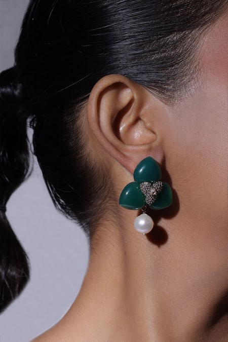 The Bling Girll Green Stone Studded Drop Earrings 