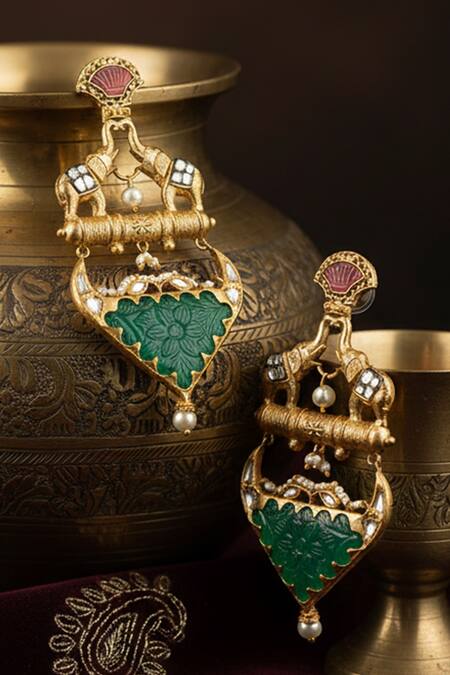 The Bling Girll_Gold Plated Pearls, Stones Elephant Motif Dangler Earrings _Online_at_Aza_Fashions