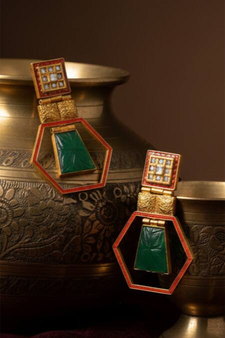The Bling Girll_Gold Plated Stones Emerald Embellished Earrings _Online_at_Aza_Fashions