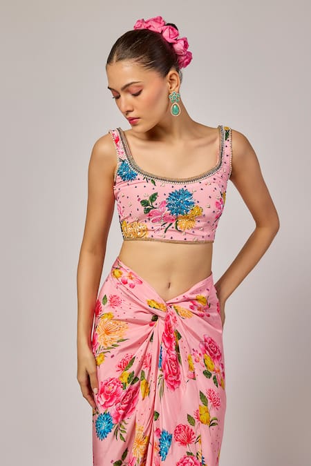 Krishna Padia Pink Crepe Beads, Sequins, Embroidery Floral Printed Blouse And Draped Skirt Set Online at Aza Fashions Krishna Padia_Pink Crepe Beads, Sequins, Embroidery Floral Printed Blouse And Draped Skirt Set _Online_at_Aza_Fashions